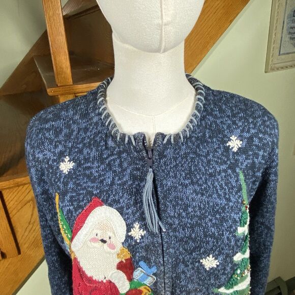Heirloom Collectibles Sz L Vtg 90s Christmas Holiday Knit Zip Cardigan Sweater - Picture 2 of 16
